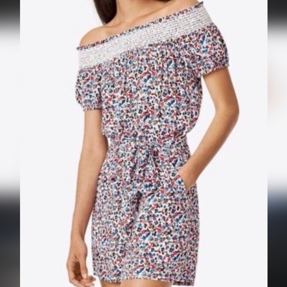 Tory Burch Wildflower Beach Romper Ditsy Floral Smocked Off Shoulder Shorts L